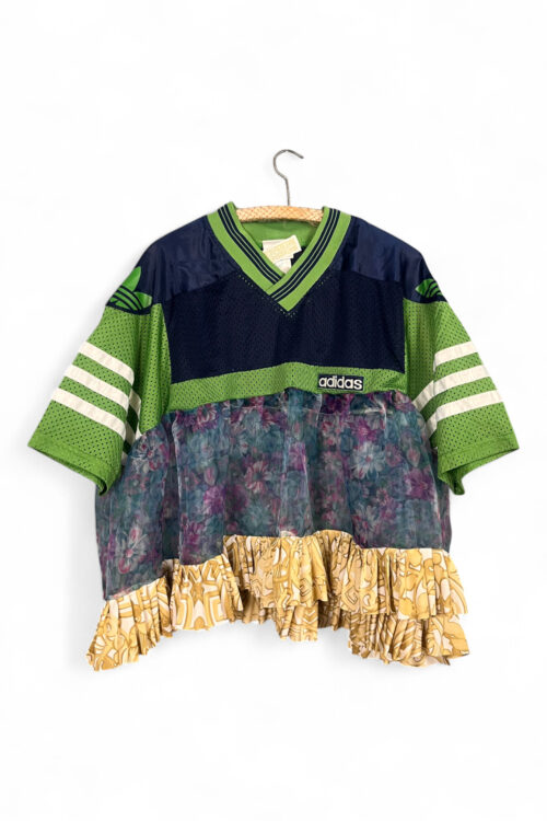 Upcycled Adidas Mesh Top with Floral Sheer Panel and Ruffles