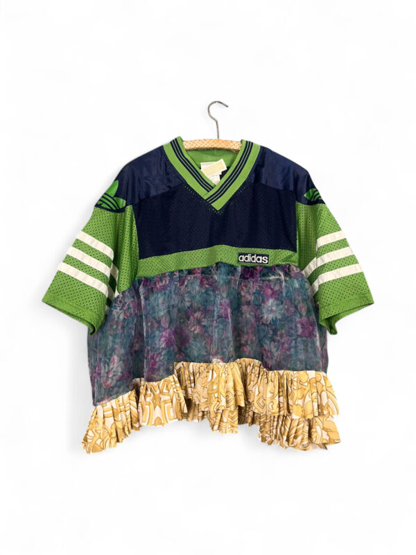 Upcycled Adidas Mesh Top with Floral Sheer Panel and Ruffles