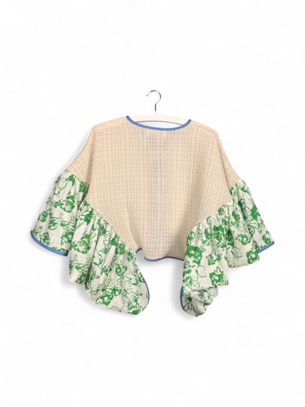 Upcycled Kimono Jacket with Green Floral Ruffle Sleeves