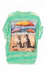 Upcycled Sequin Top in Mint Green with Back Cat Print