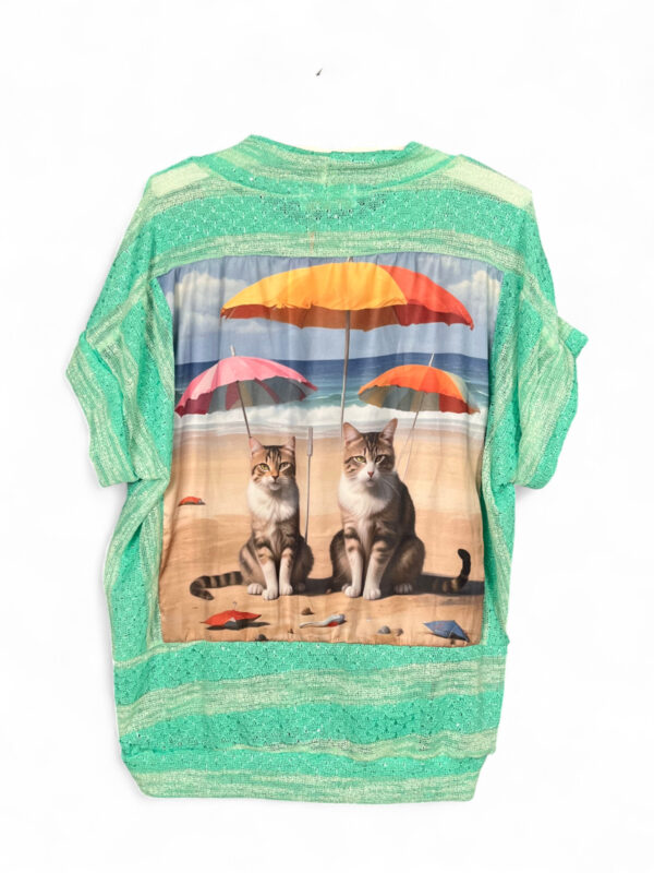 Upcycled Sequin Top in Mint Green with Back Cat Print