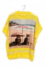 Upcycled Striped Sequin Top Yellow with Cats Under Umbrella Print