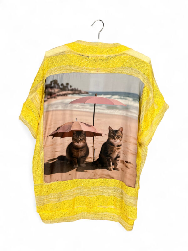 Upcycled Striped Sequin Top Yellow with Cats Under Umbrella Print