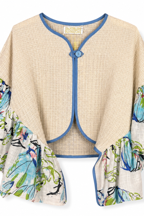 Upcycled Summer Kimono Jacket with Floral Ruffle Sleeves Upcycled Summer Kimono Jacket with Floral Ruffle Sleeves