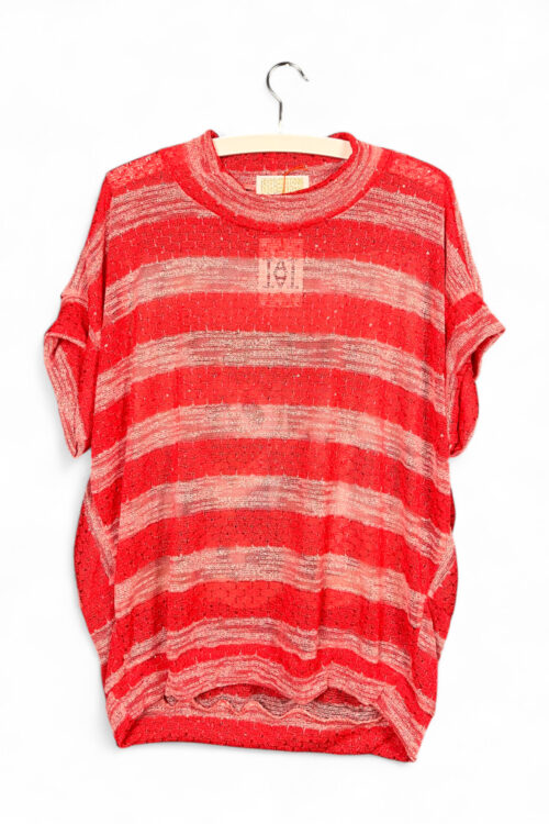 Upcycled Sequin Stripe Top Red with Cat Duo Print on Back