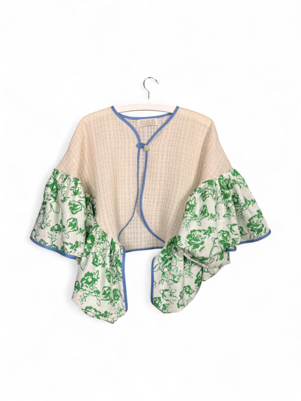 Upcycled Kimono Jacket with Green Floral Ruffle Sleeves