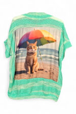 Sequin Striped Top Light Green with Cat Beach Print Back