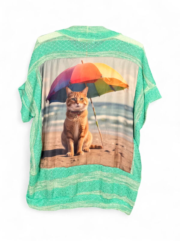 Sequin Striped Top Light Green with Cat Beach Print Back