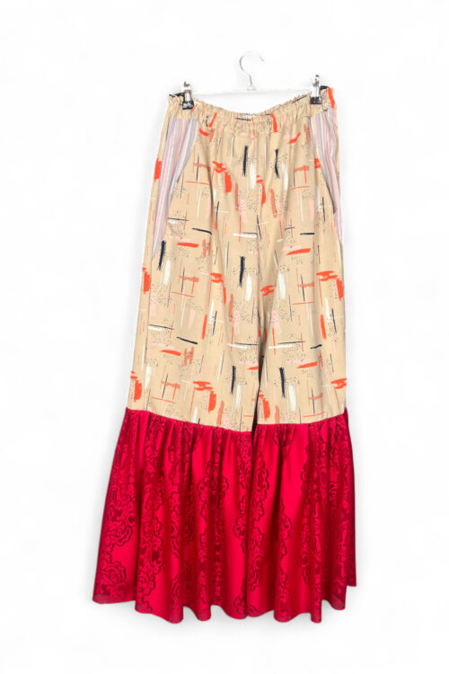 Brushstroke Palazzo Pants with Red Ruffle