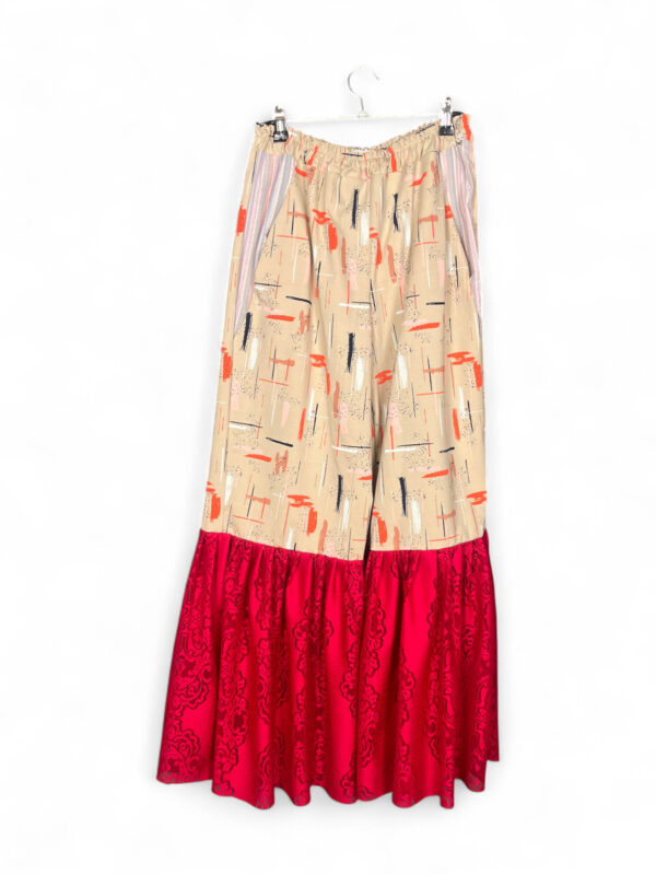 Brushstroke Palazzo Pants with Red Ruffle
