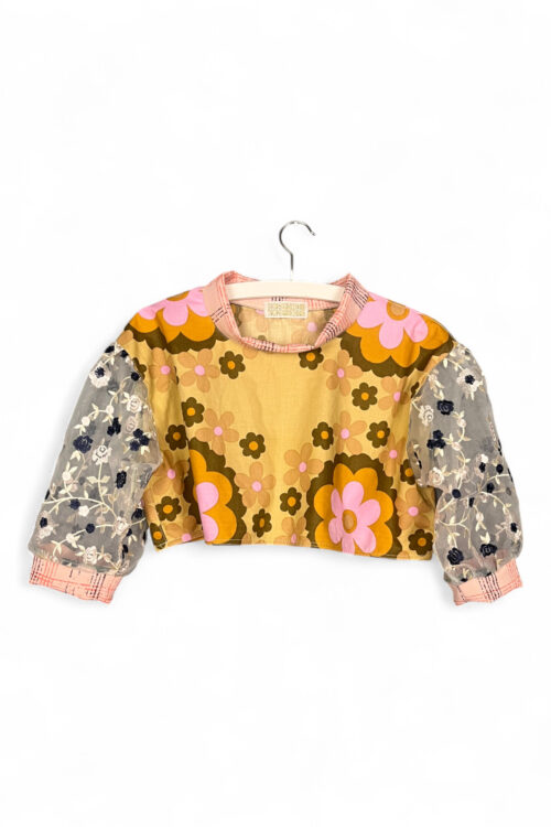 Retro Flower Mesh Sleeve Top