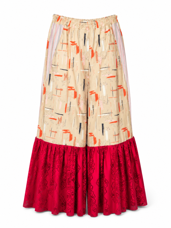 Brushstroke Palazzo Pants with Red Ruffle
