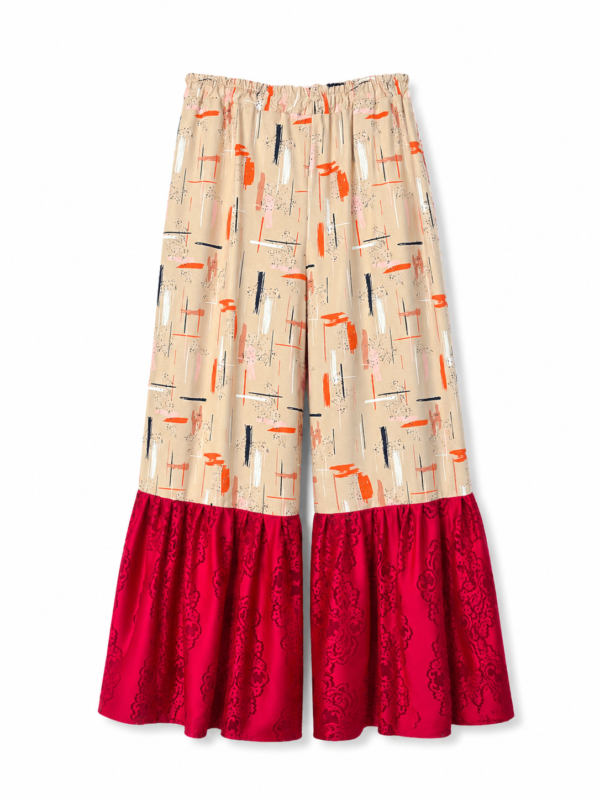 Brushstroke Palazzo Pants with Red Ruffle