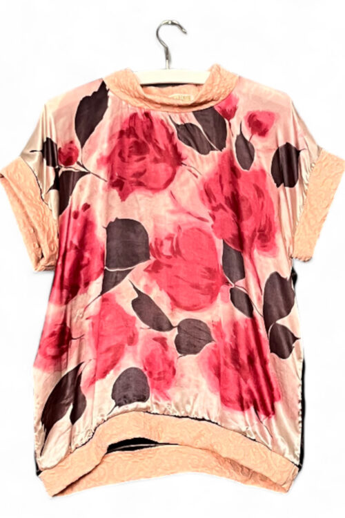 Upcycled Foulard Top with Rose and Black Bloom Print