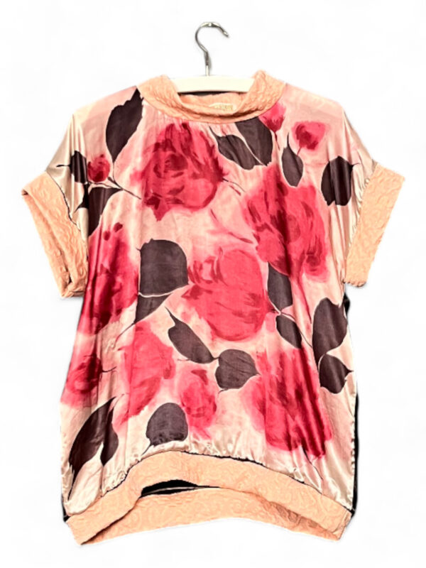 Upcycled Foulard Top with Rose and Black Bloom Print