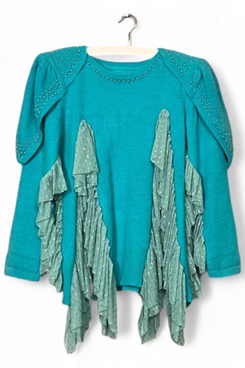 Angora Knit Tunic with Ruffles in Aqua Green