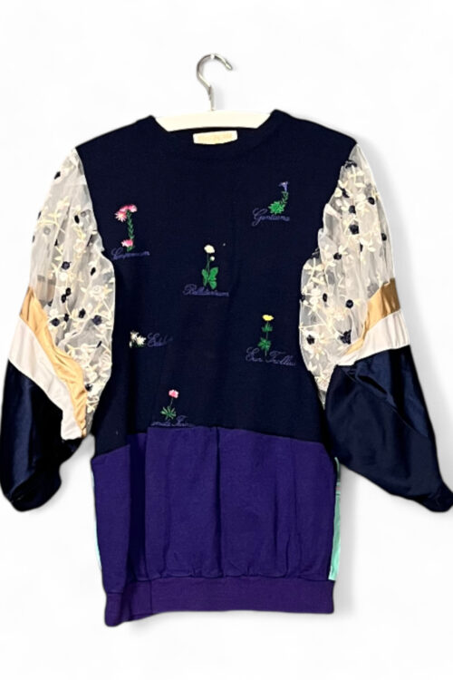 Upcycled Embroidered Sweatshirt with Sheer Sleeves Navy and Mint