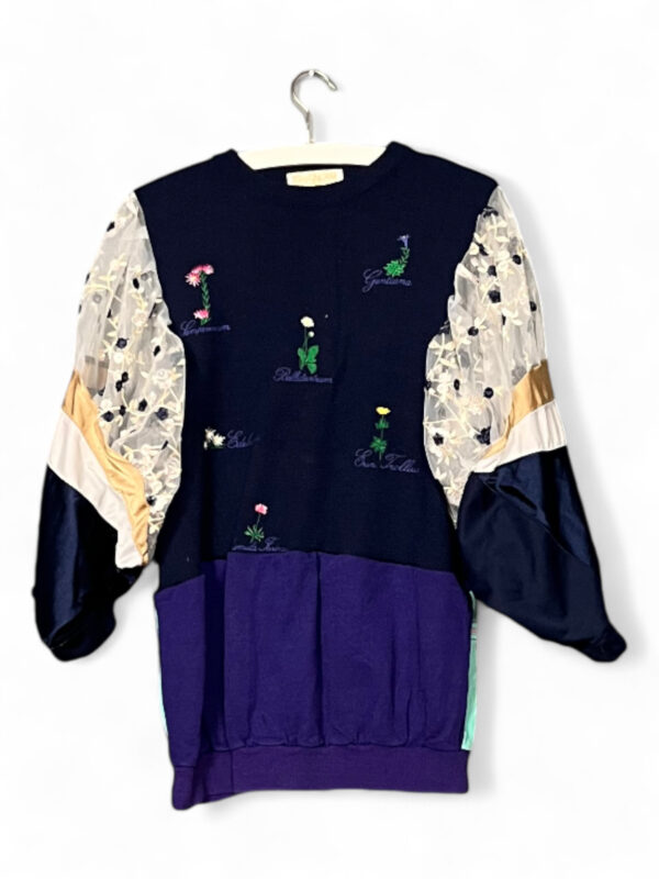 Upcycled Embroidered Sweatshirt with Sheer Sleeves Navy and Mint