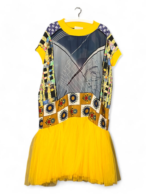 Tulle Dress Yellow with Floral and Abstract Scarf Prints Tulle Dress Yellow with Floral and Abstract Scarf Prints