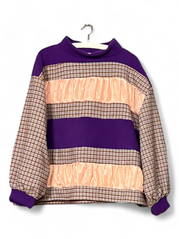 Upcycled Check and Satin Sweatshirt in Purple and Peach