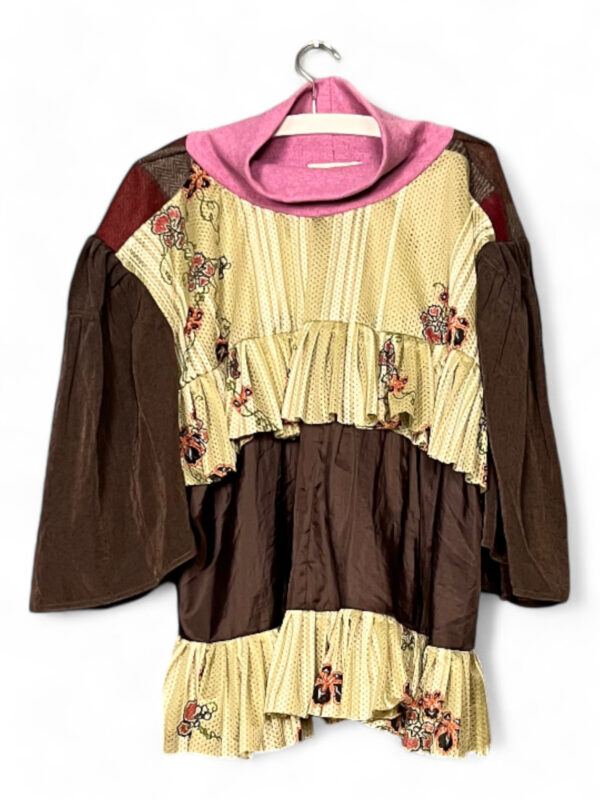 Upcycled Ruffle Tunic in Brown Pink and Yellow Floral