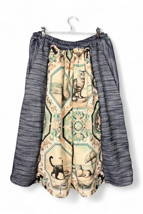 Culotte Pants Cat and Green Floral Scarf Panels