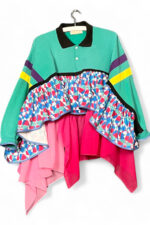 Upcycled Jersey Ruffle Tunic Teal and Pink