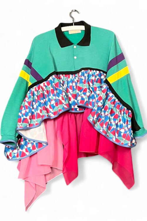 Upcycled Jersey Ruffle Tunic Teal and Pink