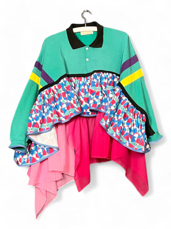 Upcycled Jersey Ruffle Tunic Teal and Pink