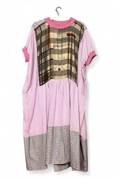 Vintage Scarf Dress Black Graphic and Gingham Ruffle