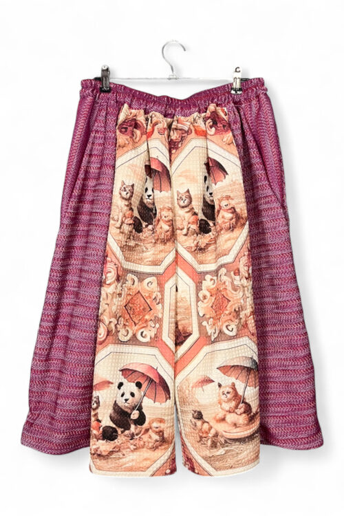Dark Pink Cotton Culotte with Panda and Cat Print