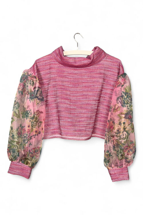 Pink Top with Floral Chiffon Sleeves