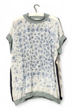 Vintage Scarf Top Blue Roses and Monochrome Waves