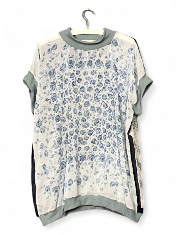 Vintage Scarf Top Blue Roses and Monochrome Waves