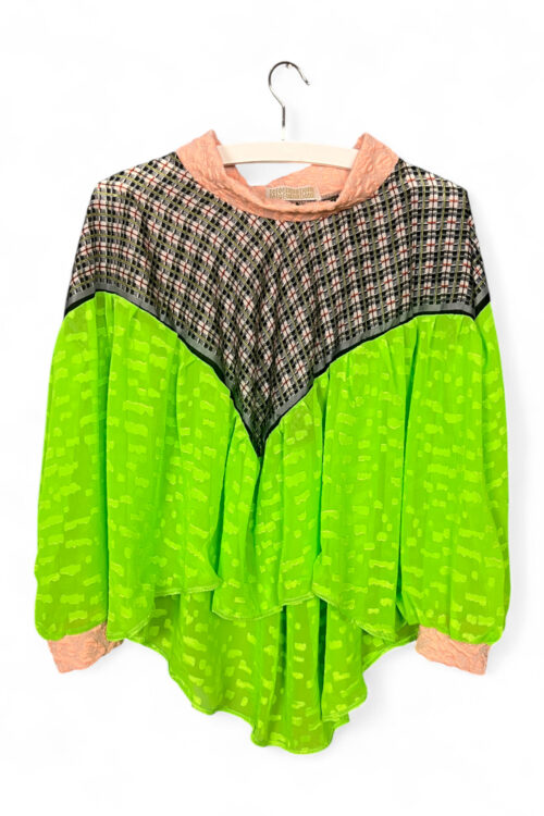 Fluo Green Checkered Blouse with Draped Panels