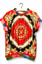 Vintage Scarf Top Red Medallion and Grid Back