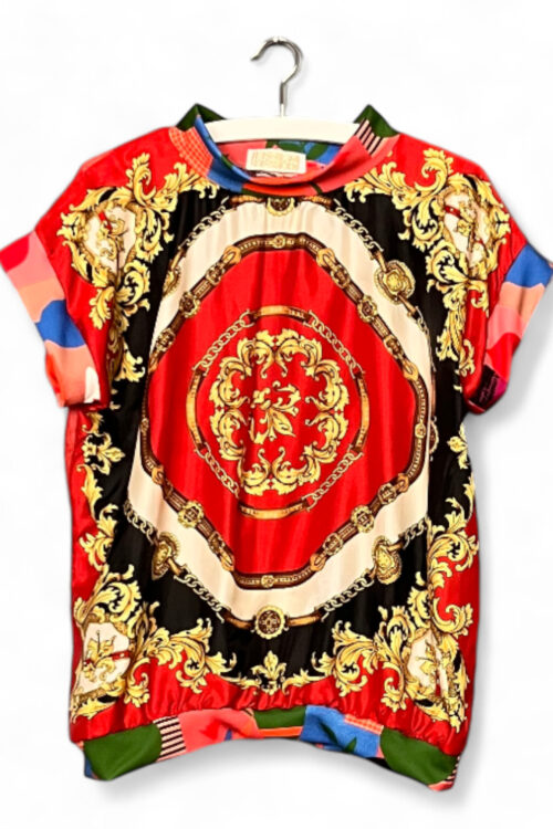 Vintage Scarf Top Red Medallion and Grid Back