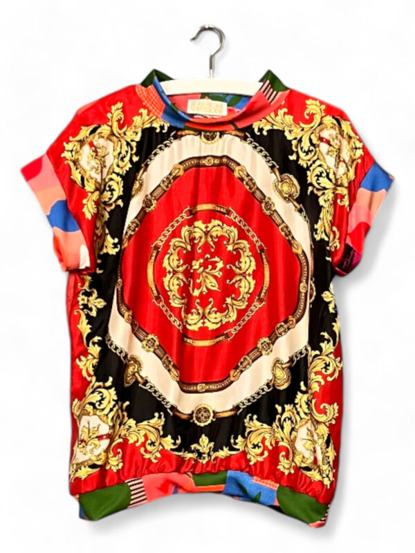 Vintage Scarf Top Red Medallion and Grid Back