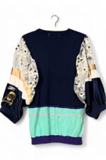 Upcycled Embroidered Sweatshirt with Sheer Sleeves Navy and Mint