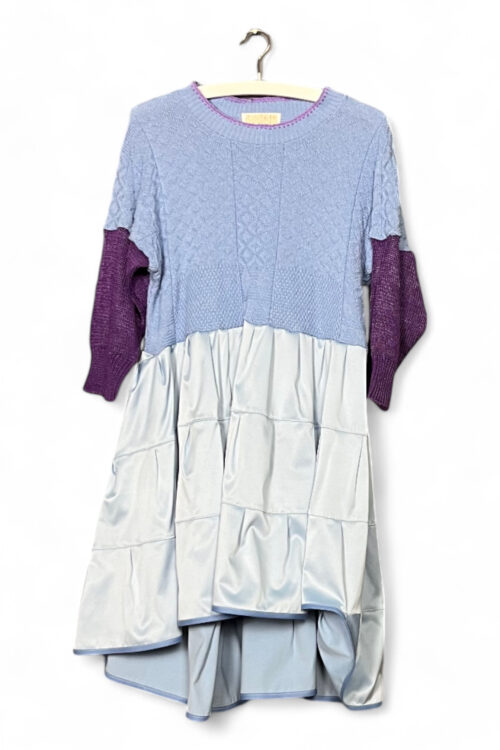 Blue Knit Dress with Satin Volume Skirt