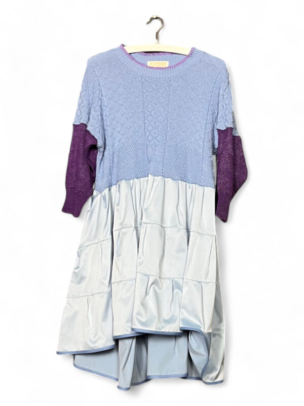 Blue Knit Dress with Satin Volume Skirt
