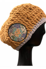Crochet Beret in Camel and Grey with Embroidered Patch
