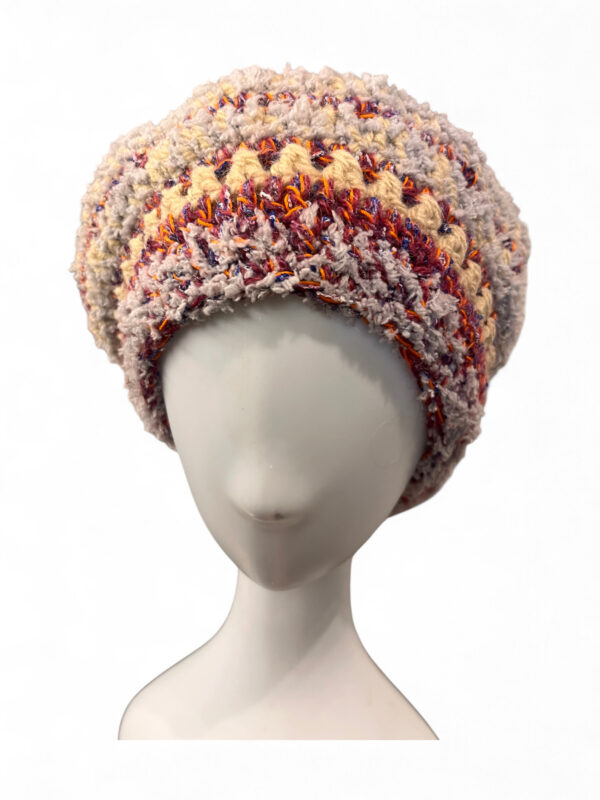 Wool Crochet Beret in Beige Burgundy and Grey