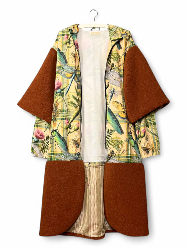 Dragonfly Print Coat with Brown Wool Panels