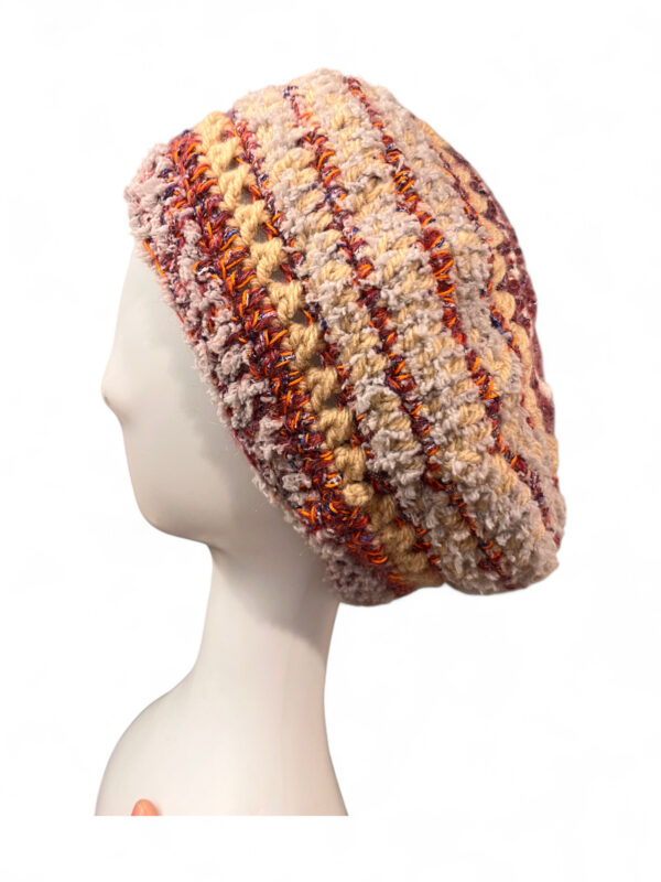 Wool Crochet Beret in Beige Burgundy and Grey