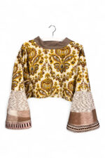 Upcycled Cropped Top with Baroque Print and Flared Sleeves