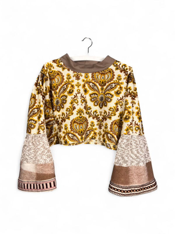 Upcycled Cropped Top with Baroque Print and Flared Sleeves