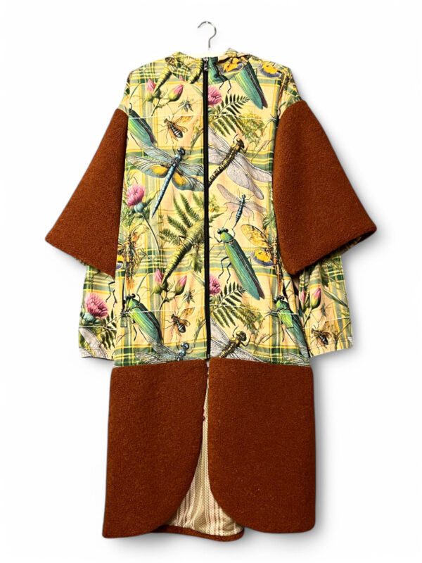 Dragonfly Print Coat with Brown Wool Panels