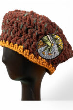 Crochet Beret in Brown and Ochre with Embroidered Patch