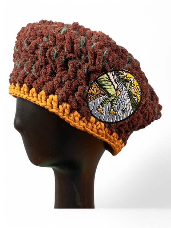 Crochet Beret in Brown and Ochre with Embroidered Patch
